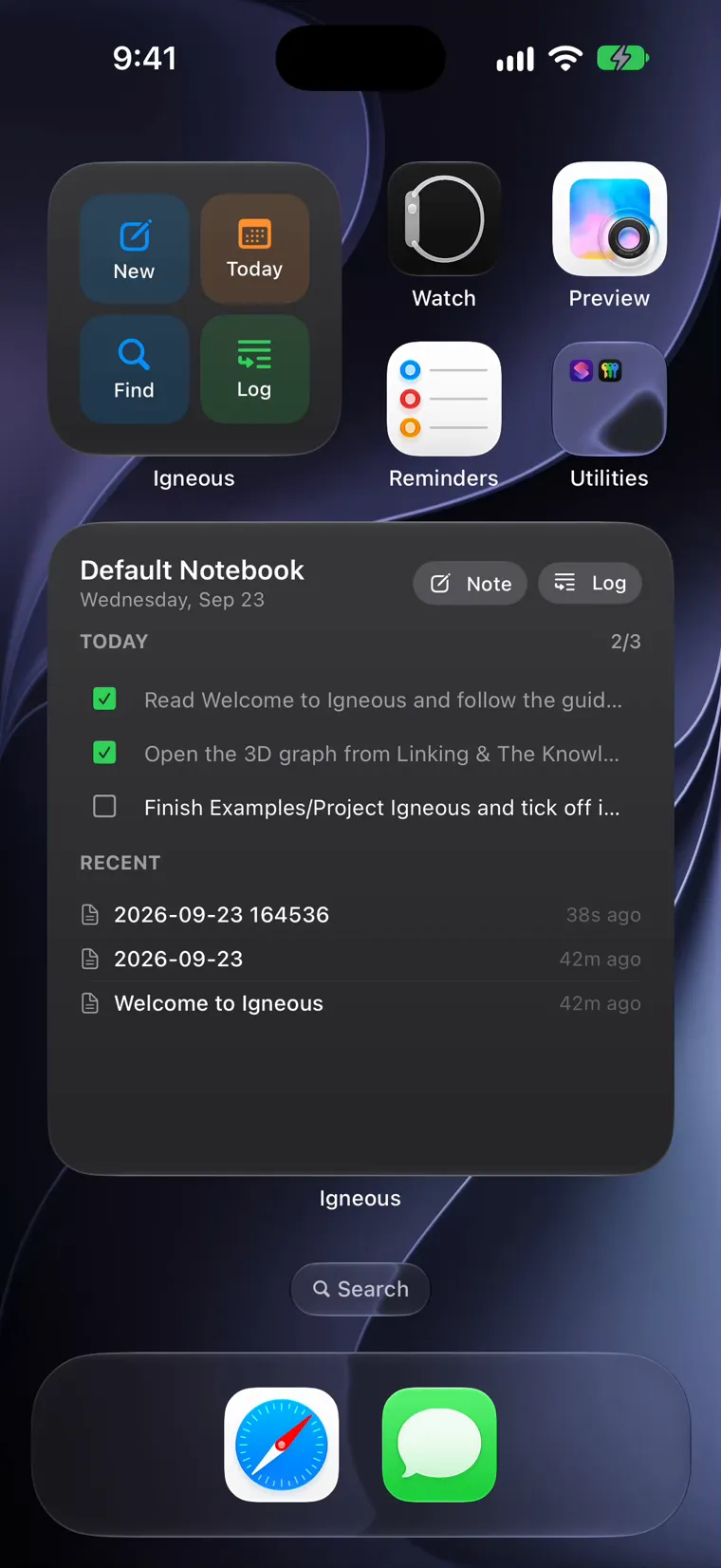 The iPhone Home Screen with Igneous's widgets: a planner with today's tasks and recent notes, and New, Today, Find and Log buttons. The recording opens Control Center, taps Quick Strike, and Igneous opens straight onto a blank note with the keyboard up, where “Call the garage about the car” is typed.