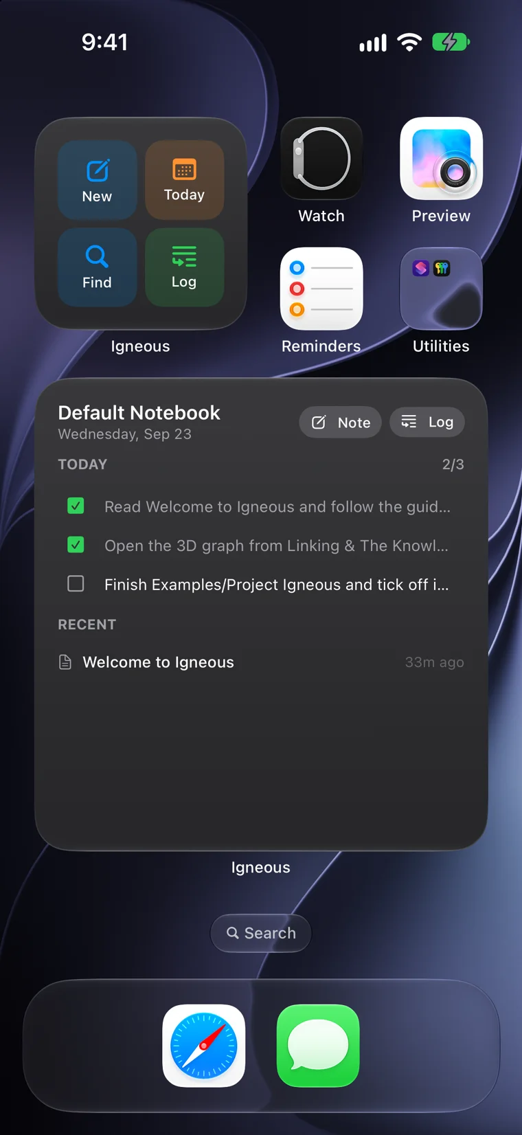 Three screenshots in turn: the Home Screen with Igneous's widgets, a planner with today's tasks and recent notes and New, Today, Find and Log buttons; Control Center with the Quick Strike, Today's Note, Record Voice Note and Capture Note controls; and the Lock Screen with a voice note recording, its live transcript and Pause, Mark and Save.