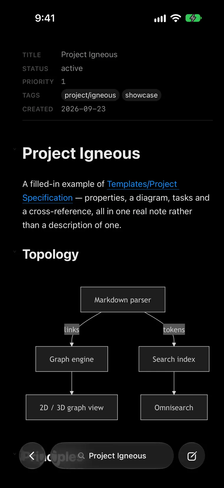 Igneous on iPhone: the Project Igneous note, with the dock at the bottom. The recording pulls down from the top of the note to open find, searches for “note” and steps through the matches, then swipes the title pill to switch between two open notes and swipes up to show both as cards.