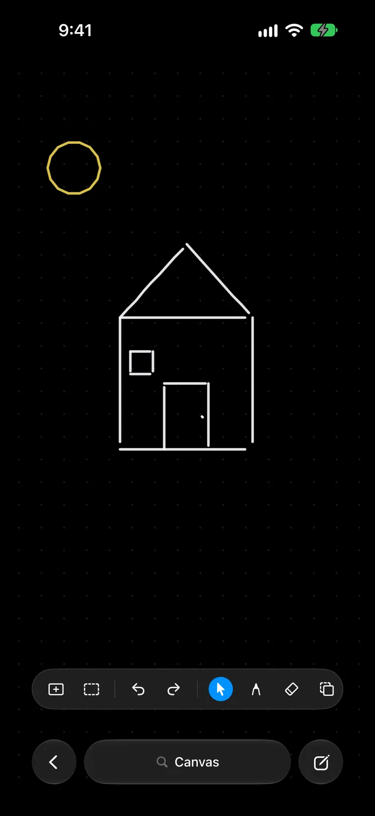 A canvas on iPhone with a finger-drawn house, with a door, a window and a yellow sun. The recording draws each wall, the roof, the door and the window stroke by stroke, then switches to yellow for the sun.