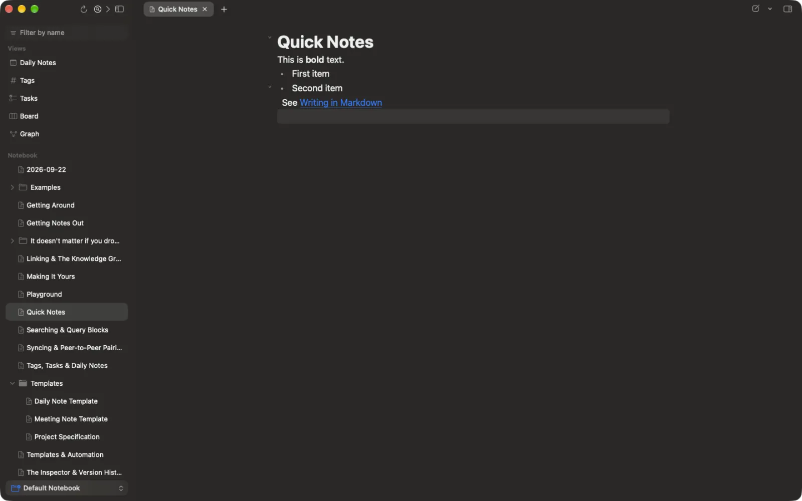 A note called Quick Notes in the Mac editor: a heading, a bold phrase, a two-item list and a link to Writing in Markdown, all rendered. The recording types the note line by line, and each line renders as it's finished; typing two square brackets brings up a list of notes to link to.