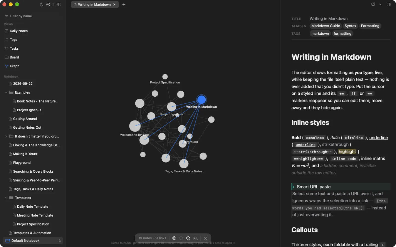 Igneous on a Mac: the note Writing in Markdown in live preview, with the graph column open beside it showing the notes around it. The recording closes the graph, then opens the Inspector with the note's outline, backlinks and links.