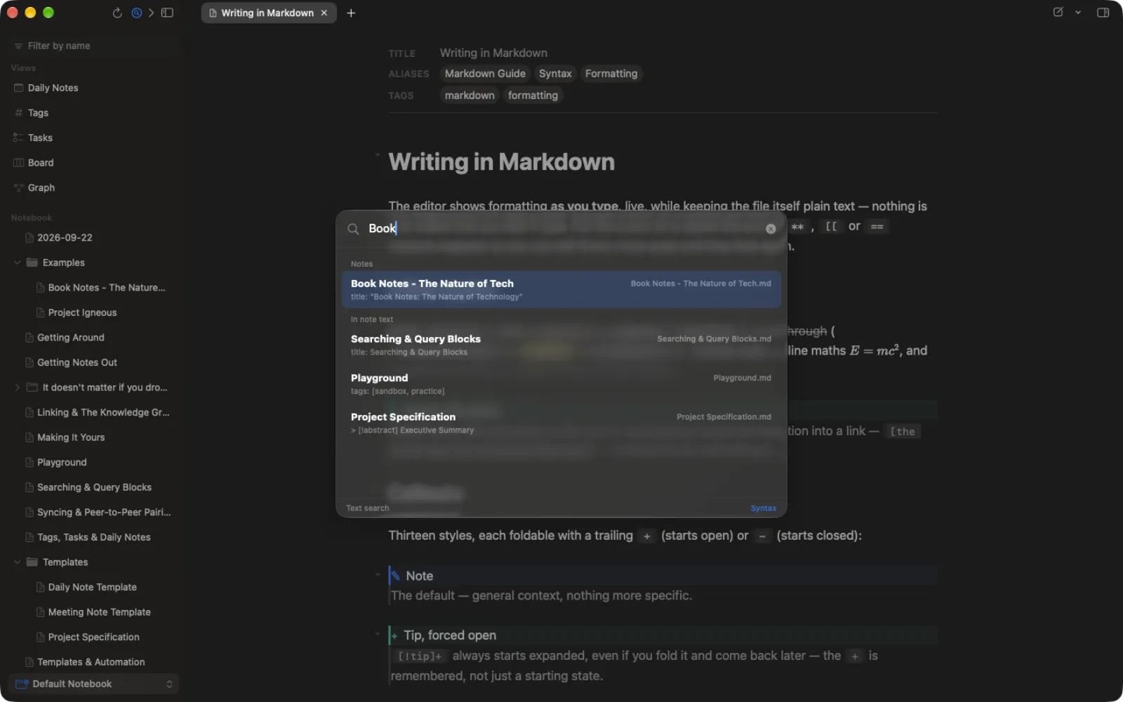 Omnisearch on the Mac with “Book” typed: Book Notes – The Nature of Tech first under Notes, above notes that mention the word. The recording types “Writing in Mark”, clears it, searches for “Book” and opens the top result.