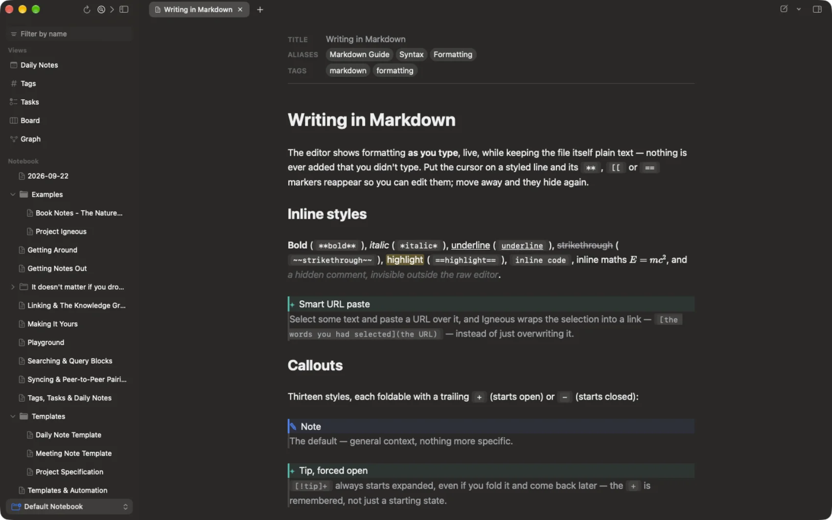 Igneous on a Mac: the notebook sidebar and a note called Writing in Markdown in live preview, with bold, highlight and inline maths rendered as you type.